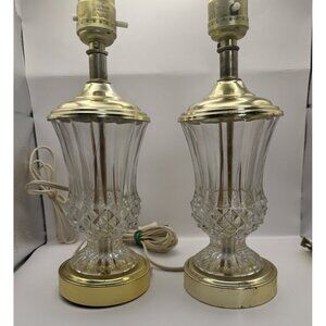 Pair Of Vintage Mid Century Ornate Clear Cut Crystal Boudoir Table Lamps